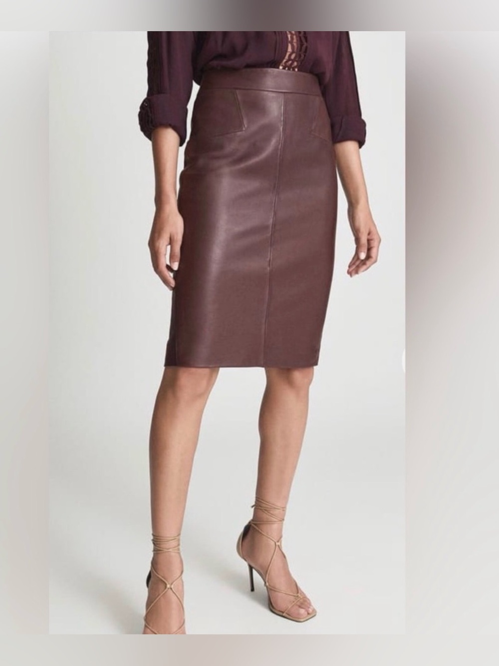 Reiss Reagan Brown Lamb Leather Pencil Skirt US 0